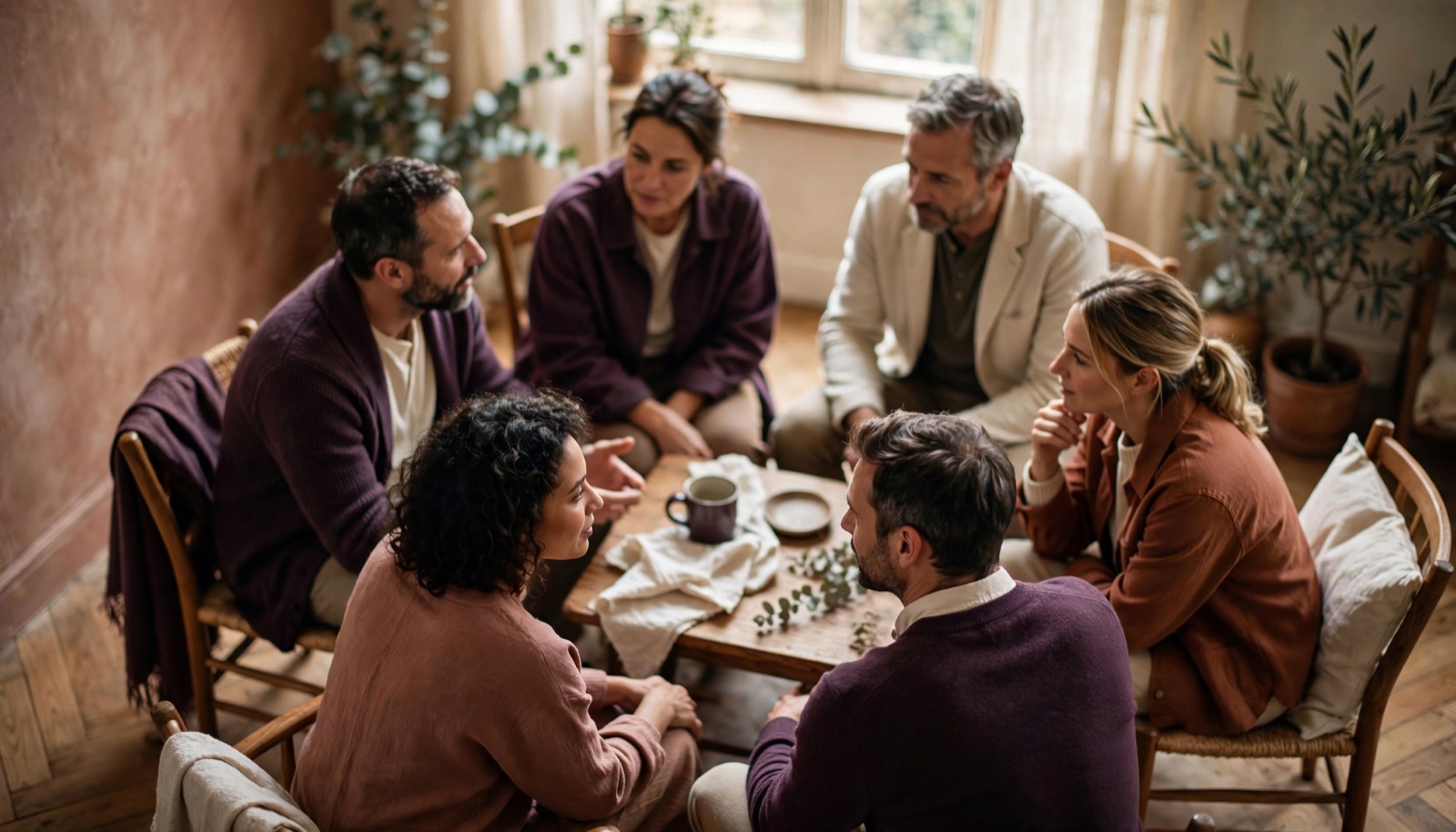 Pequeno grupo de adultos sentados em roda, conversando numa sala acolhedora